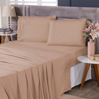 Jogo de Lençol Com Bordado Inglês para cama de Solteiro, Casal Padrão, Casal Queen e King Lençol Superior, Lençol de Baixo Com Elástico e Fronha Kit Para Colchão Box 30 cm (Rose, Casal)