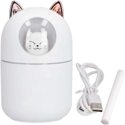 Umidificador Gatinho + Refil Filtro C/Abajur Led 300ml em Plástico Luz Noturna Difusor de Aromas Silencioso Vaporizador Fofo Adulto Infantil Adolescente Criança ou Jovem Premium Gato (Branco)