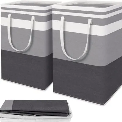 Cesto Organizador Multiuso Roupa Bolsa de Roupas Sujas Dobrável 2 Peças（Listras pretas e cinza）