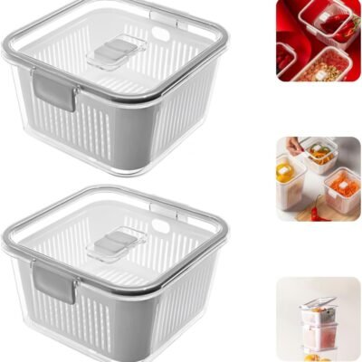 Kit 2 Organizadores Geladeira Hermético | Para Armário Cozinha Geladeira | 1,36 Litros Com Tampa Hermética | Caixa Plástica para Legumes, Saladas, Alimentos e Vegetais | Paramount