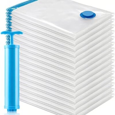 Kit 10 Sacos à Vácuo 50×60 cm + Bomba Manual – Compacto, Reutilizável, Anti-Furo e Ideal Para Organização de Roupas, Viagens e Malas