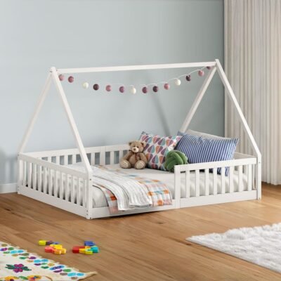 IDIMEX Cama Casal Infantil Montessori Branco Madeira Casa com Estrado Ravi