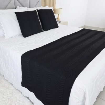 Kit Peseira Manta Tricot Cama Casal King Links + 2 Capas Almofadas (Black)