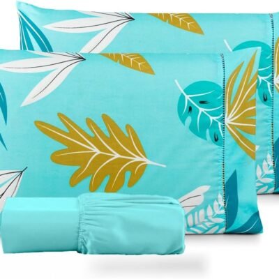 Jogo de Lençol Queen Kit 03 Peças com Elástico Ponto Palito Estampado 400 fios Casal Kit Cama (Folhas Azuis)
