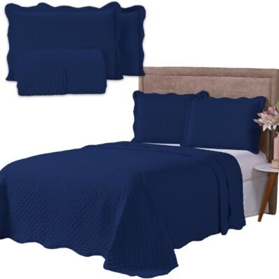 Cobre Leito Colcha Balle Para Cama de Casal Queen 400 Fios Kit com 3 Peças Cores Lisas Tecido Micro Percal Toque Mácio Acompanha Colcha e Porta Travesseiros (Azul Marinho, Casal Queen (240x260cm)