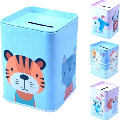 Cofre de Moedas Infantil, Cofrinho de Moedas Infantil em Metal DT1567T Com Estampas Coloridas e Fofas de Animais. Além de Ensinar o Hábito de Poupar Desde Cedo, Ele Traz Diversão e Alegria.