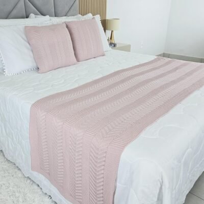 Kit Peseira Manta Tricot Cama Casal King Links + 2 Capas Almofadas (Rosa Prata)