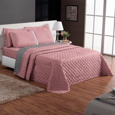 Cobre Leito Colcha Para Cama de Casal King e Queen Kit 3 Peças 1 Colcha Dupla Face e 2 Porta Travesseiros Cores Lisas (Rose e Cinza, Cobre Leito Queen (260x240cm))