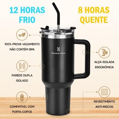 Romantic Crown Copo Térmico com Canudo Tampa e Alça 1,18L, Copos Garrafas Termico para viagem vácuo dupla camada aço inoxidável, Caneca Termica Cafe Água Chá,Presente, Fitness (Preto combinação)