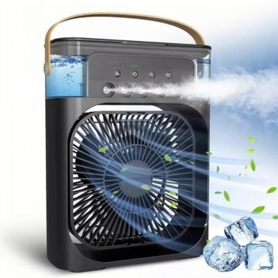 Ventilador Portátil de Mesa Mini Ar Condicionado Umidificador Climatizador com Tanque de água De 600ml, 3 Velocidades de Vento e Pulverizador de 5 Furos com Luz LED de 7 Cores (Preto)