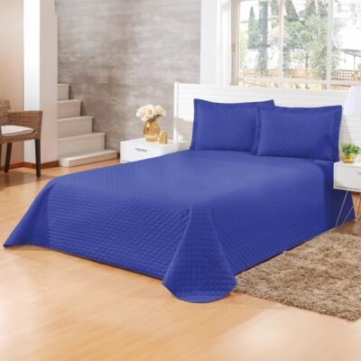 Kit Cobre Leito Colcha para Cama de Casal Tamanho Padrão, Queen e King – Elegância, Conforto e Praticidade para Sua Cama – Kit com 3 Peças 1 Colcha e 2 Porta travesseiros (Azul, Casal(220x220cm))