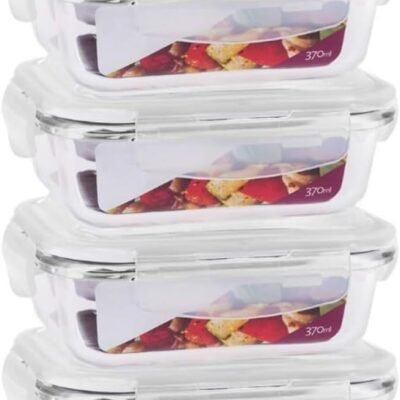 Kit 4 Potes de Vidro Retangular com Tampa Hermética e Vedação de Silicone – Armazenamento Seguro e Versátil de 370ml para Alimentos (Branco)