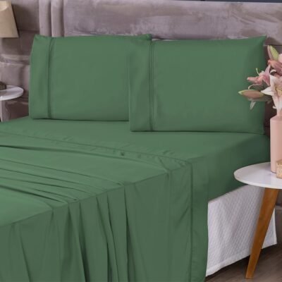 Jogo de Lençol 400 Fios Ponto Infinity Para Cama de Casal Padrão 4 Peças Cores Lisas Micro Percal Toque Suave e Aveludado Conforto, Durabilidade e Praticidade (Verde, Casal 4 Peças)