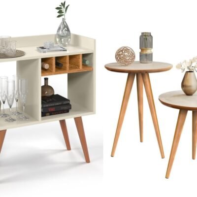 Aparador Buffet Bar com Adega Rubi e Conjunto de Mesas Apoio e Lateral Classic Retrô – Quality Móveis (KITOFFWHITE-NATURE)