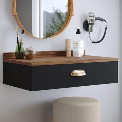 Penteadeira Gloss para Maquiagem Suspensa com 1 Gaveta Porta Joias com Puxador Concha Dourado (Preto/Freijo)