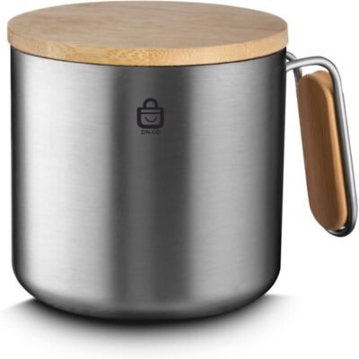 Copo Caneca Térmica Inox A Vácuo 380 ML Com Alça Para Café Chá Chocolate Tampa Bambu SHOP ZIN.GO (Prata)