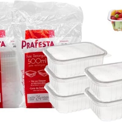 Kit Com 2 Potes Descartáveis, Prafesta 500 ml Retangular Com Tampa, Pacote 48 Unidades