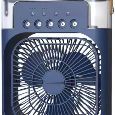 Mini portátil desktop silencioso ar doméstico umidificação ventilador elétrico pequeno ventilador Pode Colocar Gelo 3 velocidades de vento e pulverizador de 5 furos com luz LED de 7 cores (Azul)