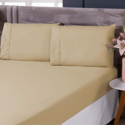 Lençol Para Cama de Casal Queen 300 Fios Micro Percal Qualidade Premium Tecido Macio Toque Aveludado Lençol de Elástico e Fronha – Kit 3 Peças (Avelã, Queen)
