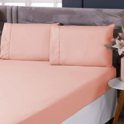 Lençol Para Cama de Casal Queen 300 Fios Micro Percal Qualidade Premium Tecido Macio Toque Aveludado Lençol de Elástico e Fronha – Kit 3 Peças (Rose, Queen)