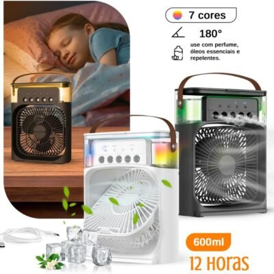 Ventilador de Mesa Portatil Umidificador Climatizador Mini Ar Condicionado USB Luz Led RGB Pode Colocar Gelo Agua (BRANCO) NOBLESHOP