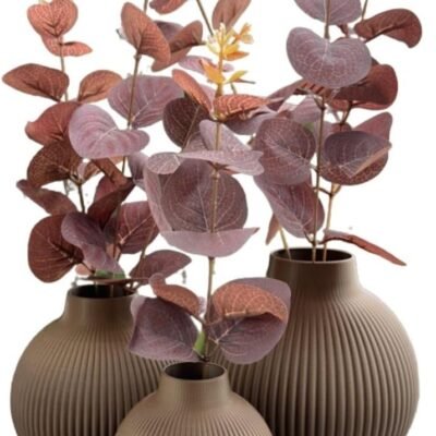 Trio De Vasos Decorativos Com Flores de eucalipto Artificial Toque Real (Vaso MARROM/Folha VERMELHA)