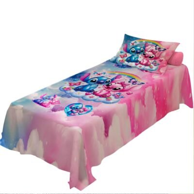 Jogo de Cama Lençol + Fronha Quarto Infantil Stitch e Angel 3D