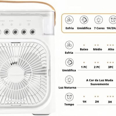 Ventilador Portátil de Mesa Mini Ar Condicionado Umidificador Climatizador com Tanque de água De 600ml, 3 Velocidades de Vento e Pulverizador de 5 Furos com Luz LED de 7 Cores (Branco)