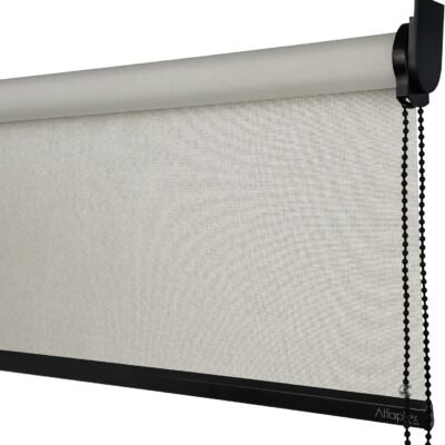 Cortina Persiana Rolo Blackout Linho Natural SOB MEDIDA comando lado DIREITO (SEM BANDÔ) (Linho Natural – Acabamento Preto, 1,30 (lar) x 1,40 (alt))